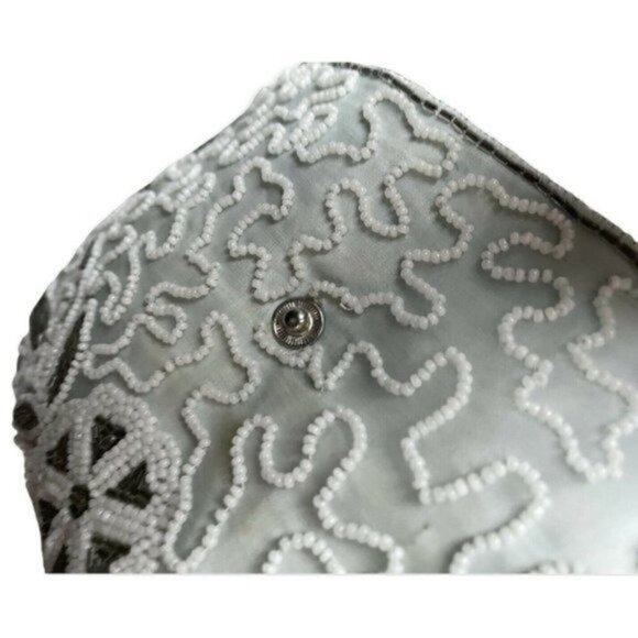 50s VTG Walborg Beaded Clutch Light Blue Exterior Shell With White Silver Beads - Picture 5 of 6